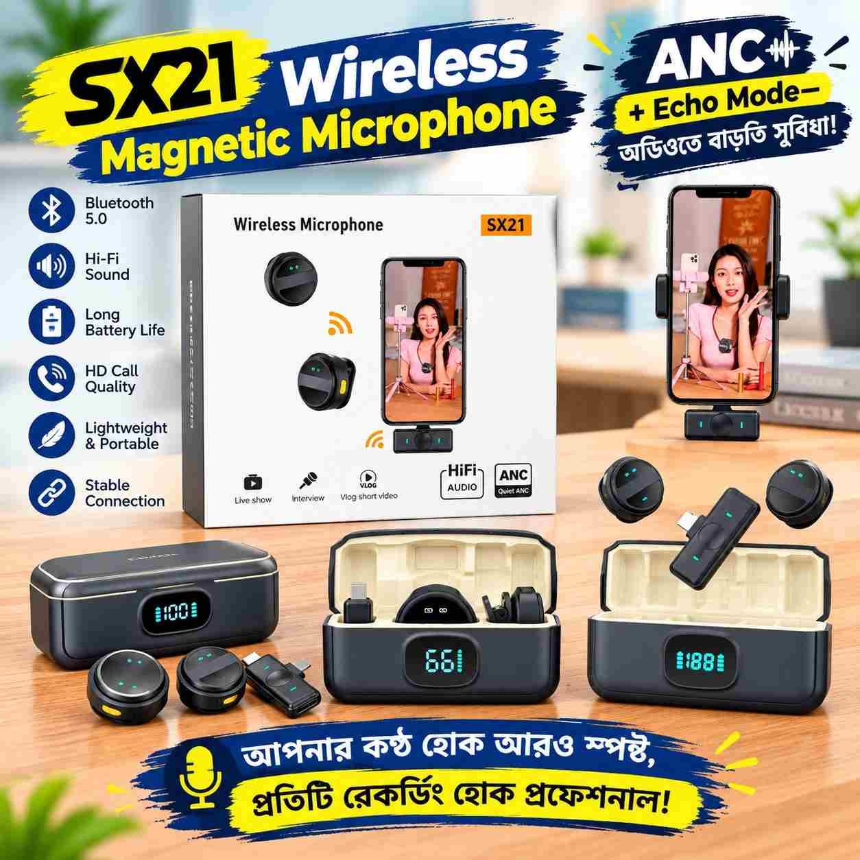 SX21 Wireless Magnetic Microphone With ANC Regular and Echo Mode SX21 Wireless Magnetic Microphone With ANC Regular and Echo Mode